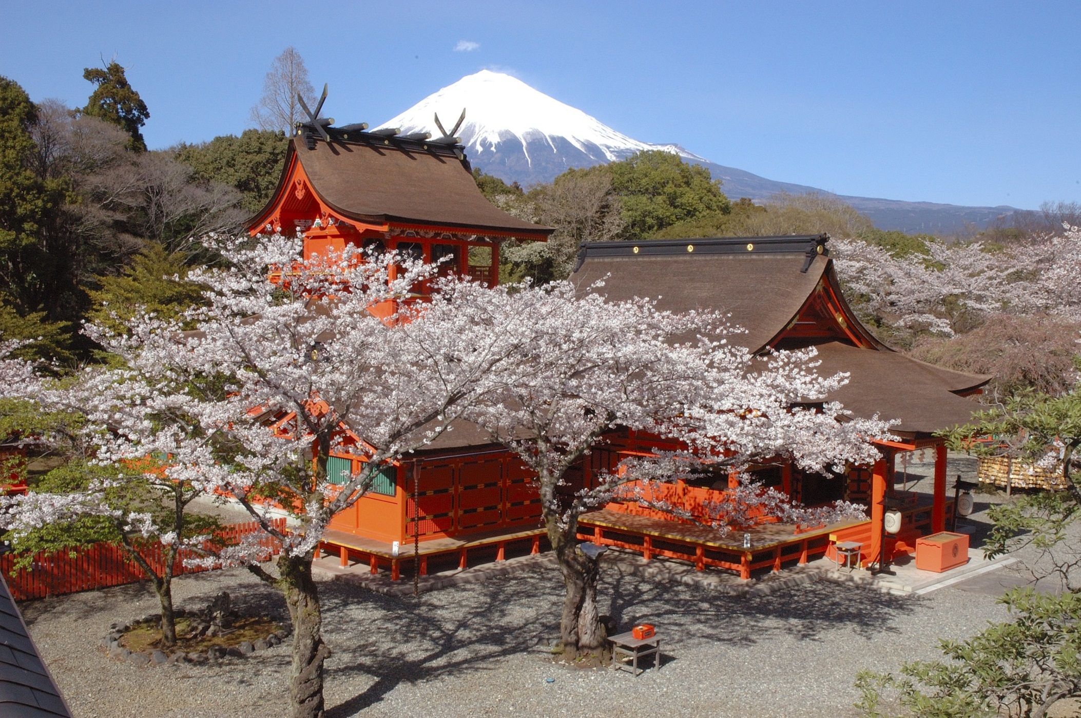 富士山を背景にした境内撮影